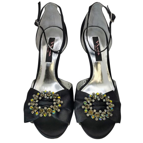 Nina New York Black Satin Rhinestone Ankle Strap Heels Size 8M - Picture 3 of 8